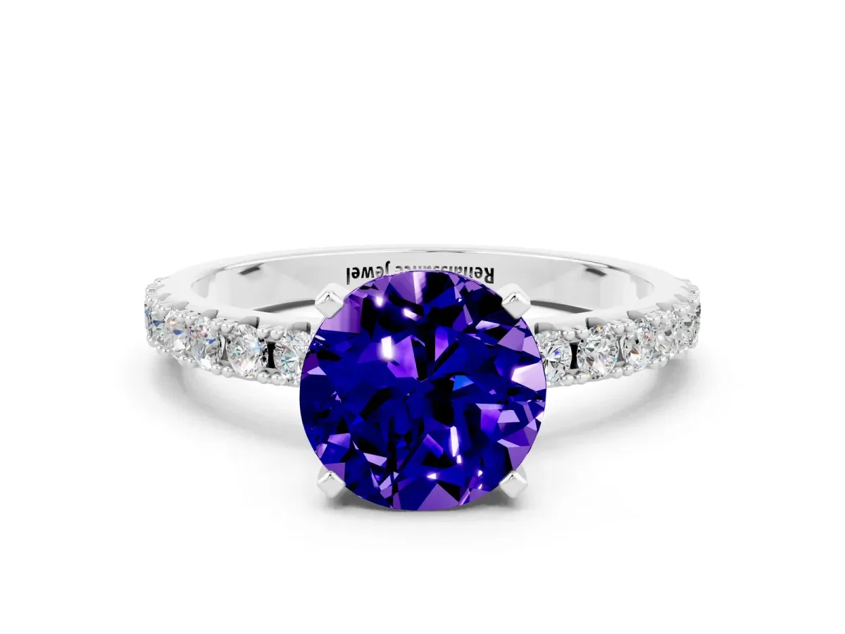Round Cut Tanzanite Solitaire Pavé Band with Four-Prong Setting Silver