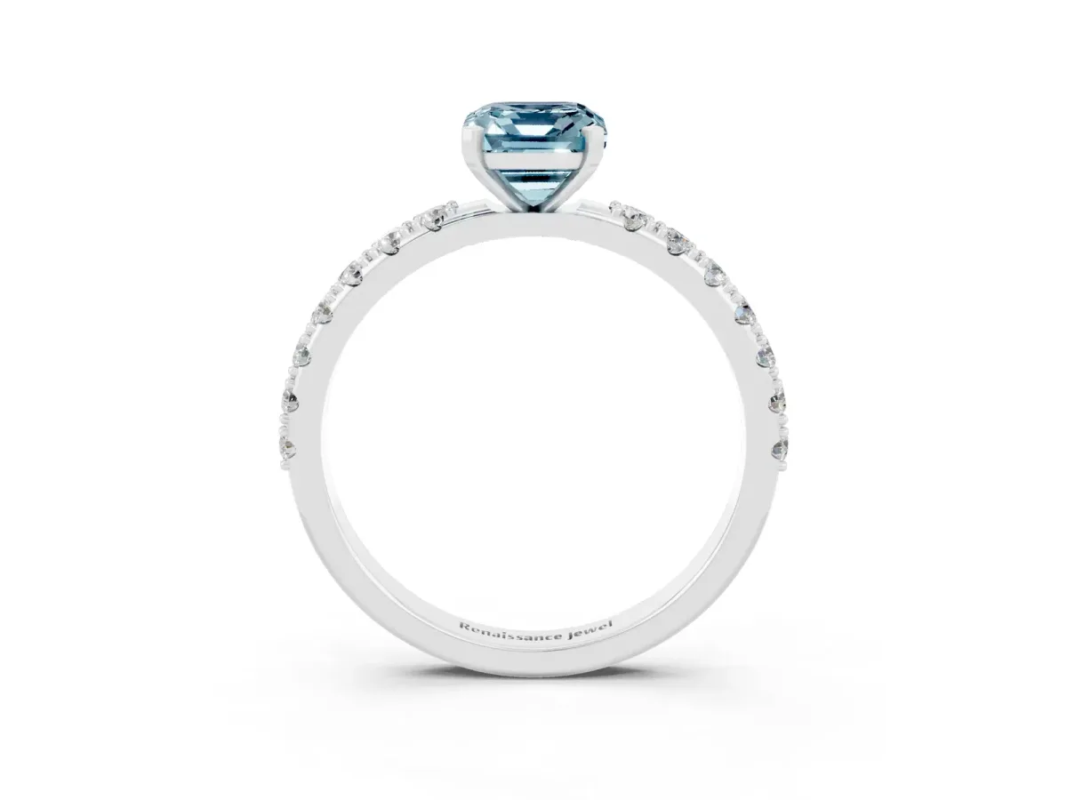 Emerald Cut Aquamarine Solitaire Pavé Band with Four-Prong Setting Silver