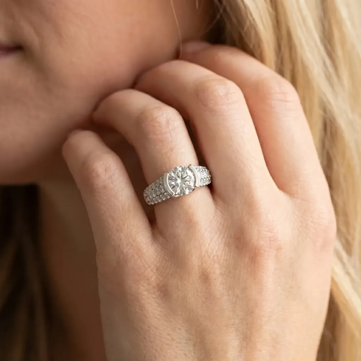 Round Cut Cut Diamond Channel Set Pave Band with Tension Prong Setting Silver