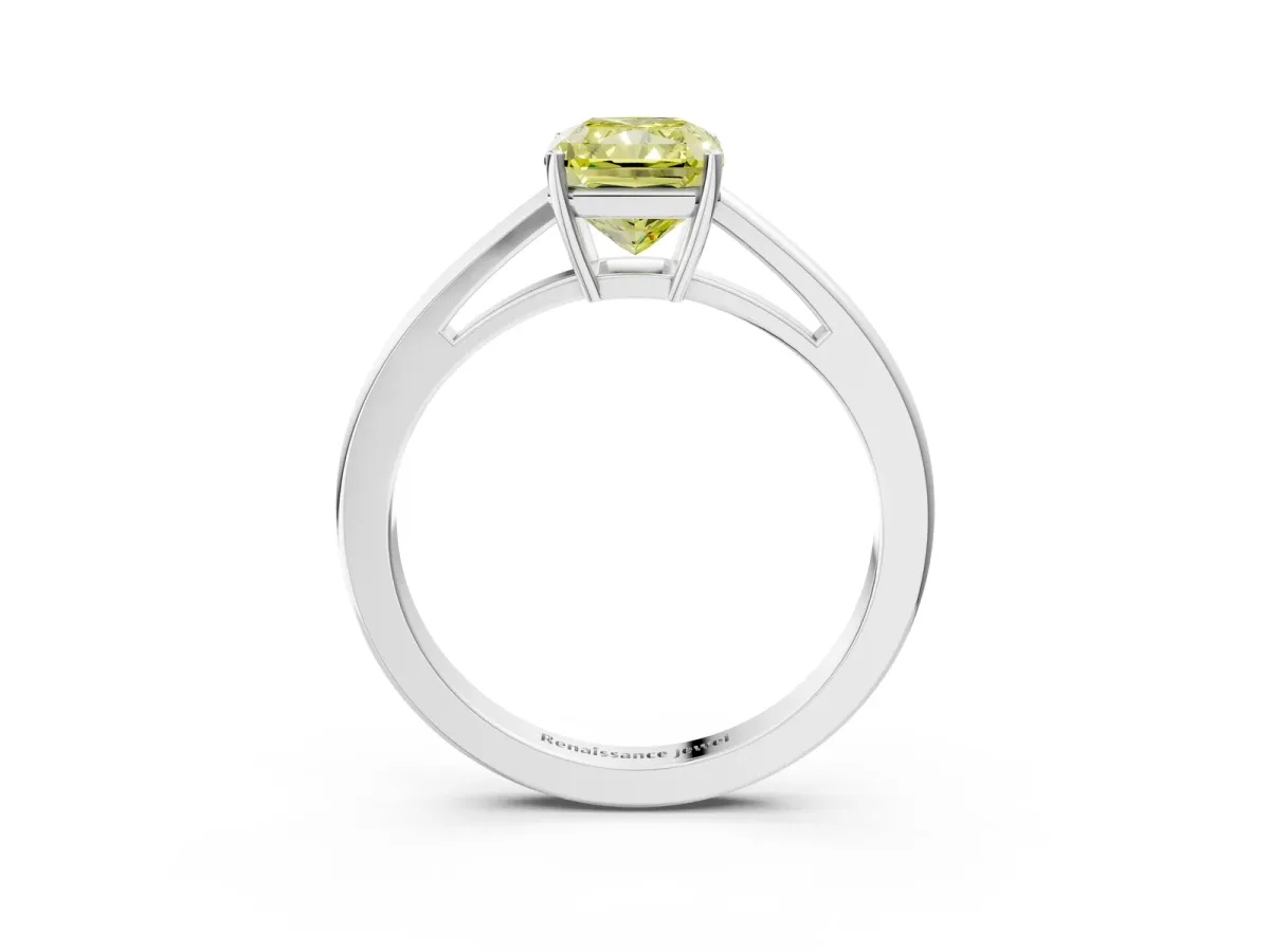 Fancy Yellow Radiant Cut Solitaire Diamond Ring with Split Shank and Four-Prong Setting Platinum