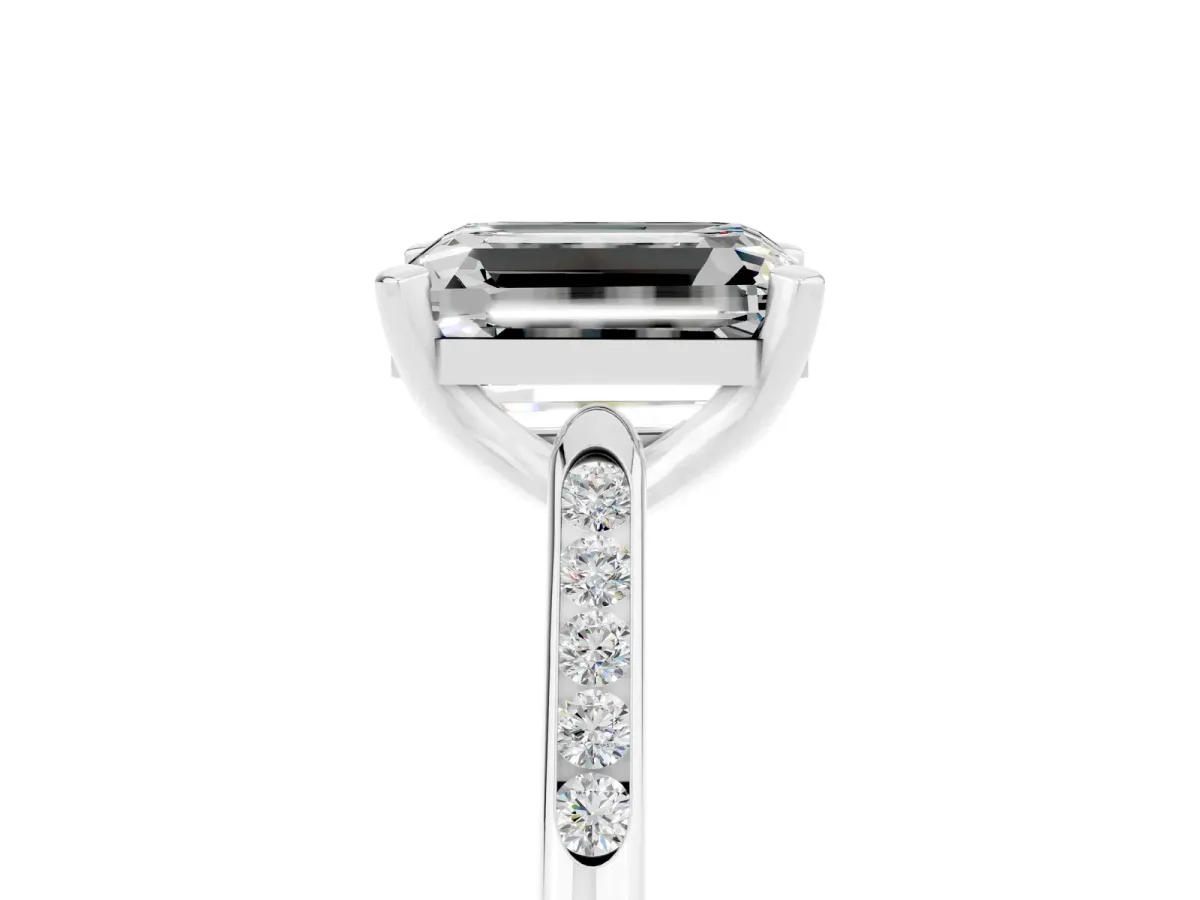 Emerald Cut Moissanite Solitaire Ring with Channel Set Round Band and Prong Setting Silver