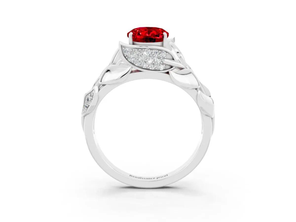 Oval Cut Ruby Leaf-Inspired Engagement Ring with Round Accents and Prong Setting White gold