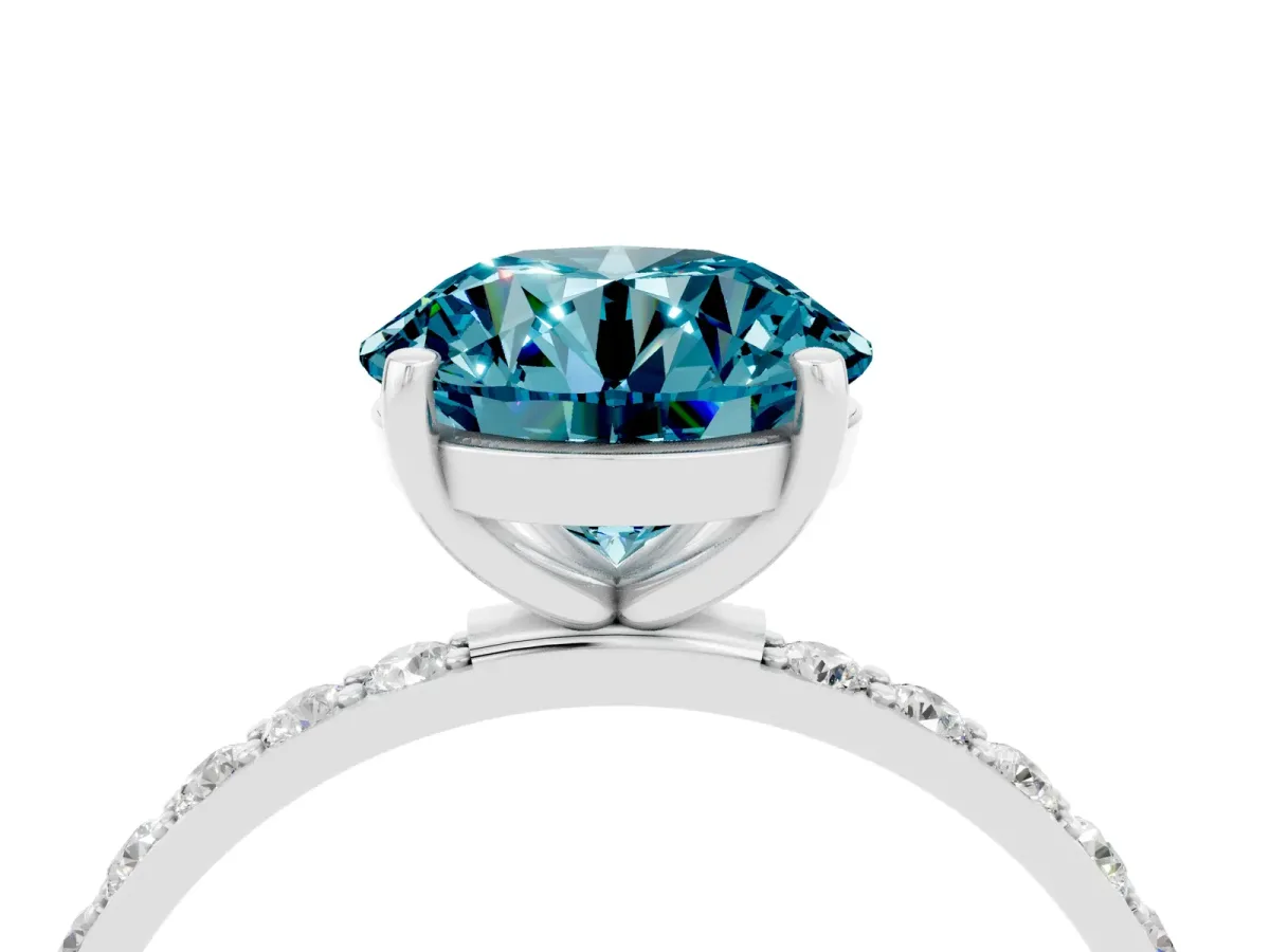 Round Cut Blue Topaz Solitaire Ring with Round Pavé Band and Prong Setting Silver