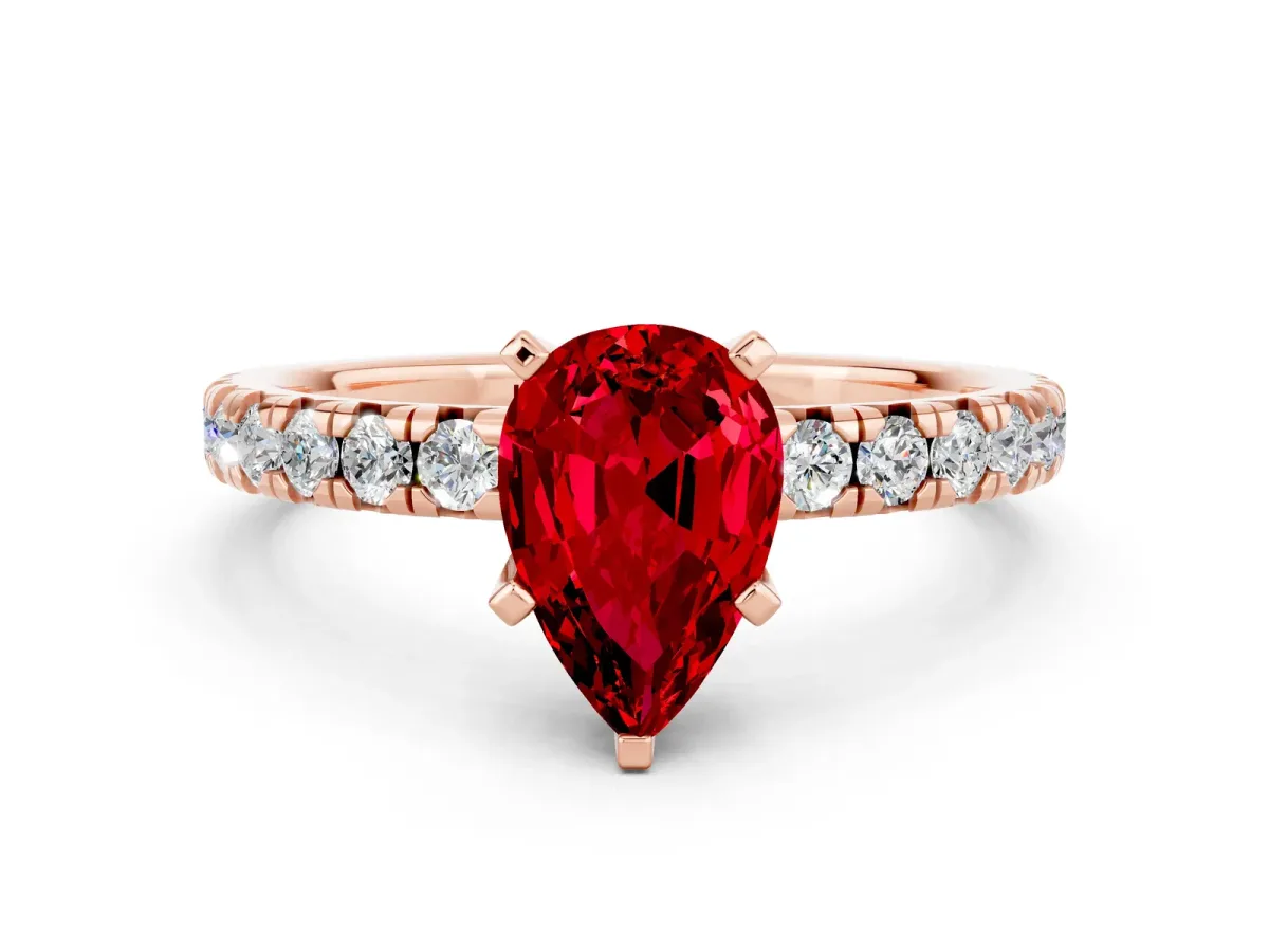 Pear Cut Ruby Solitaire Pavé Engagement Ring with Round Band and Prong Setting Rose gold