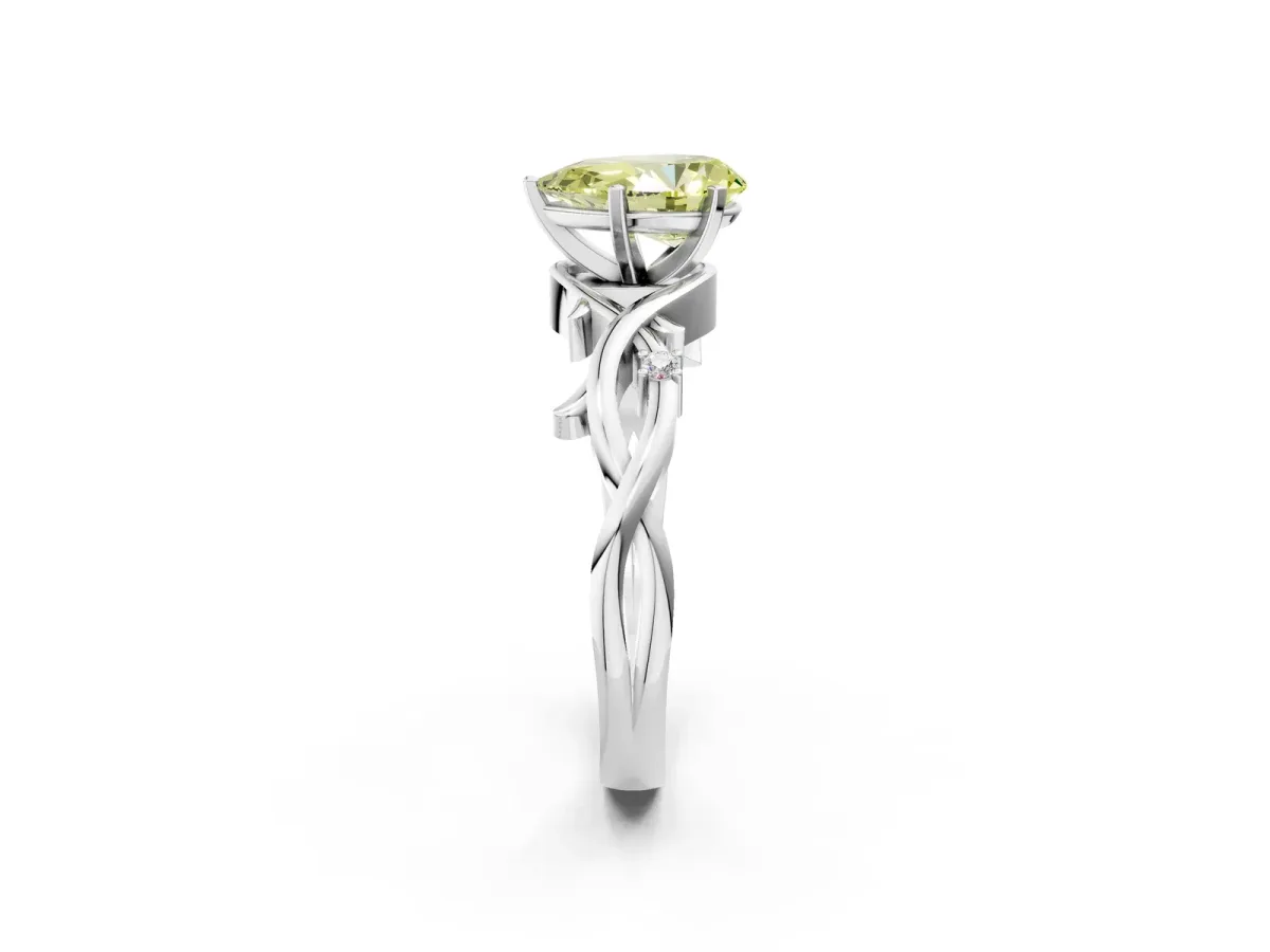 Fancy Yellow Pear Cut Diamond Solitaire Ring with Twisted Band and Prong Setting Platinum