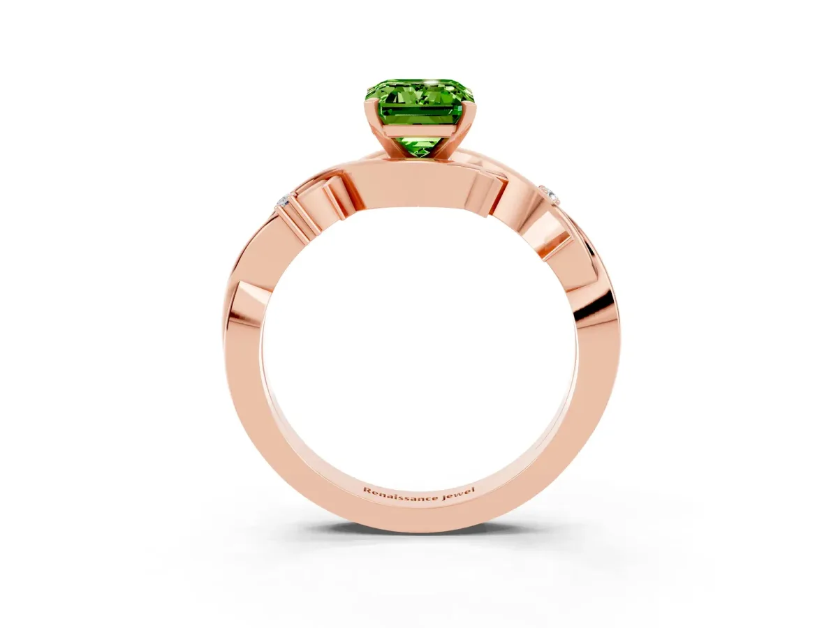 Emerald Cut Peridot Solitaire Ring with Twisted Band and Prong Setting Rose gold