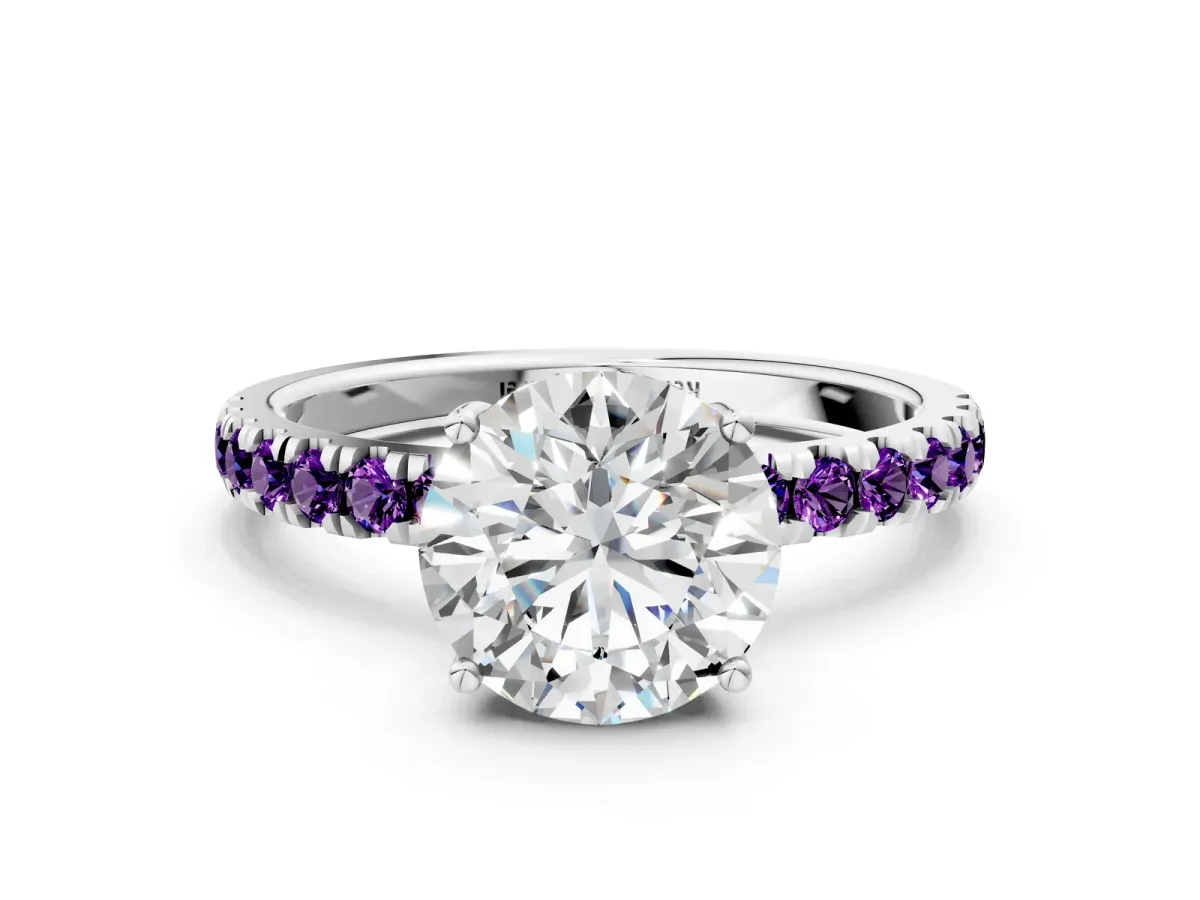 Round Cut Diamond Pave Band Solitaire Ring with Round Amethyst and Prong Setting Silver