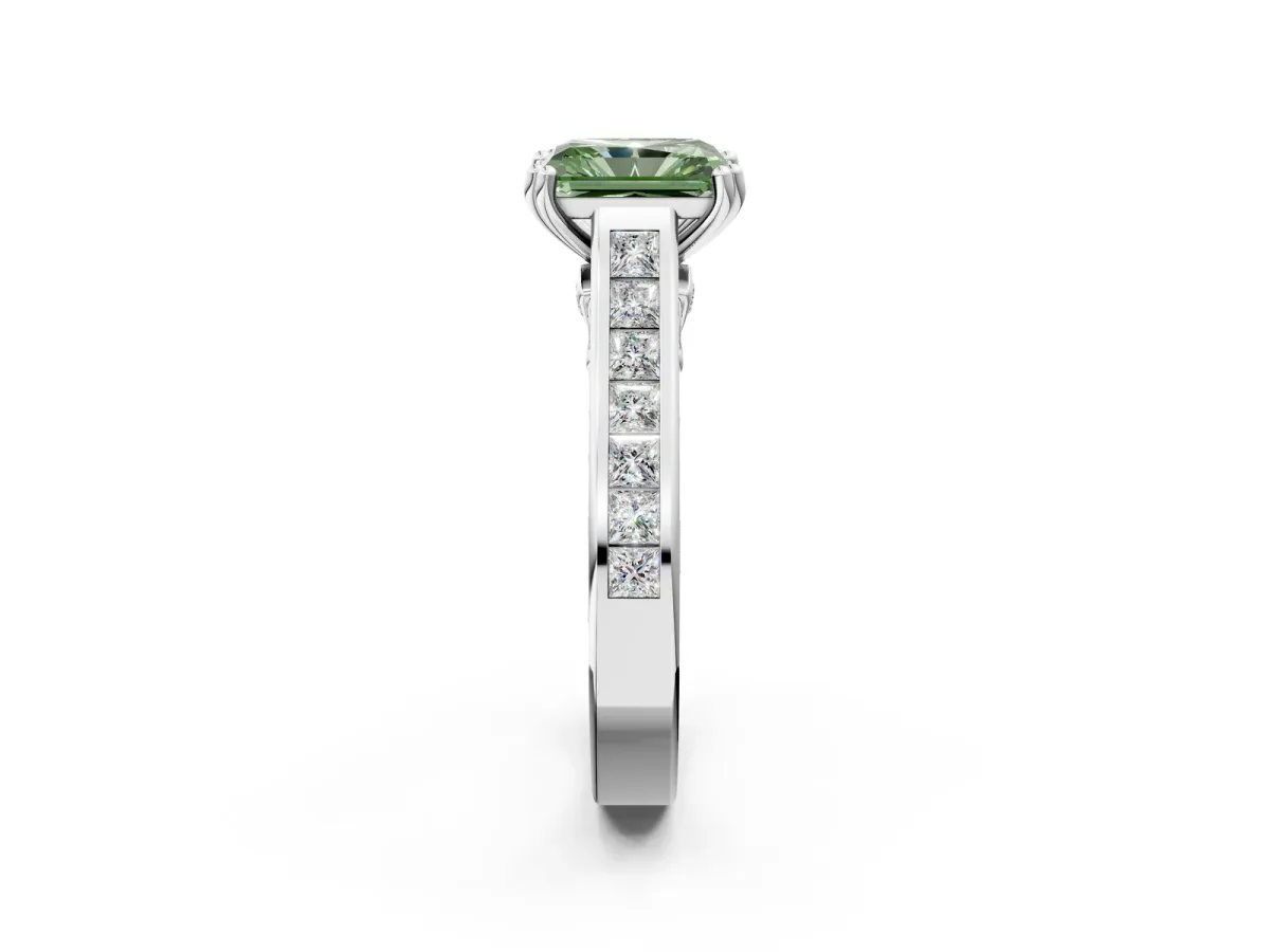 Fancy Green Radiant Cut Cut Channel Set Solitaire Engagement Ring with Prong Setting Platinum