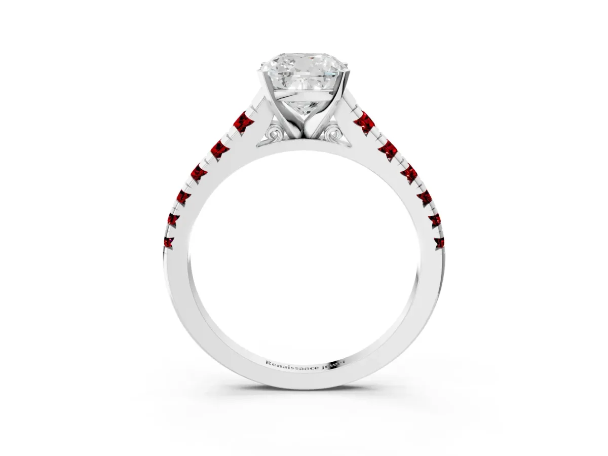 Cushion Cut Diamond Cathedral Solitaire Ring with Round Ruby Pavé Band White gold