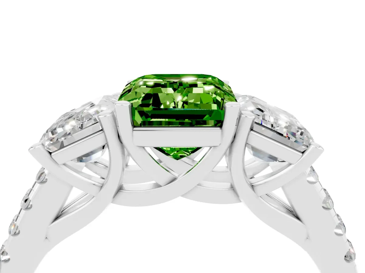 Three-Stone Emerald Cut Peridot Ring with Round Pavé Band and Prong Setting White gold