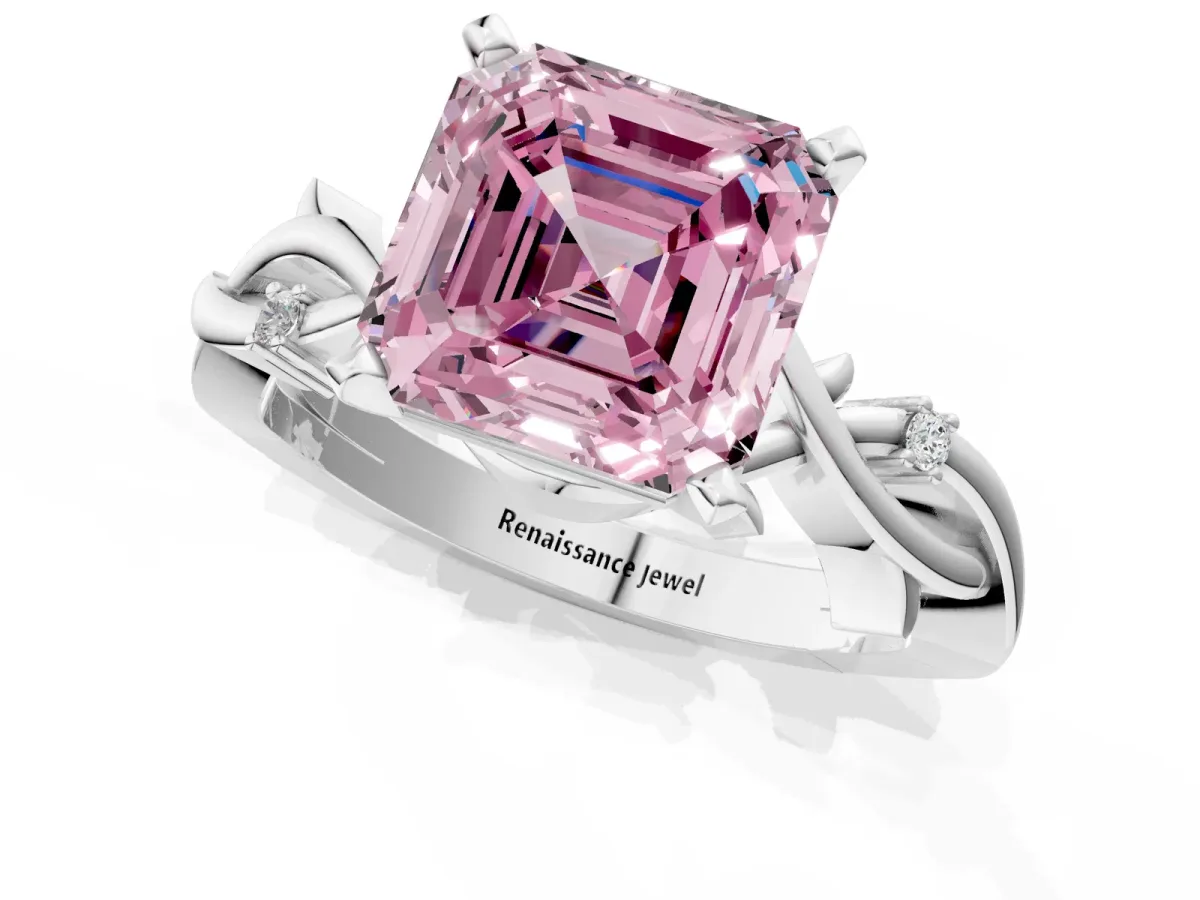 Fancy Pink Asscher Cut Diamond Solitaire Ring with Twisted Band and Prong Setting Platinum