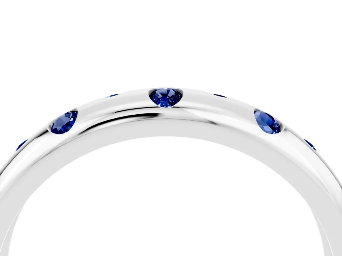 Round Blue Sapphire Flush-Set Comfort Fit Band White gold