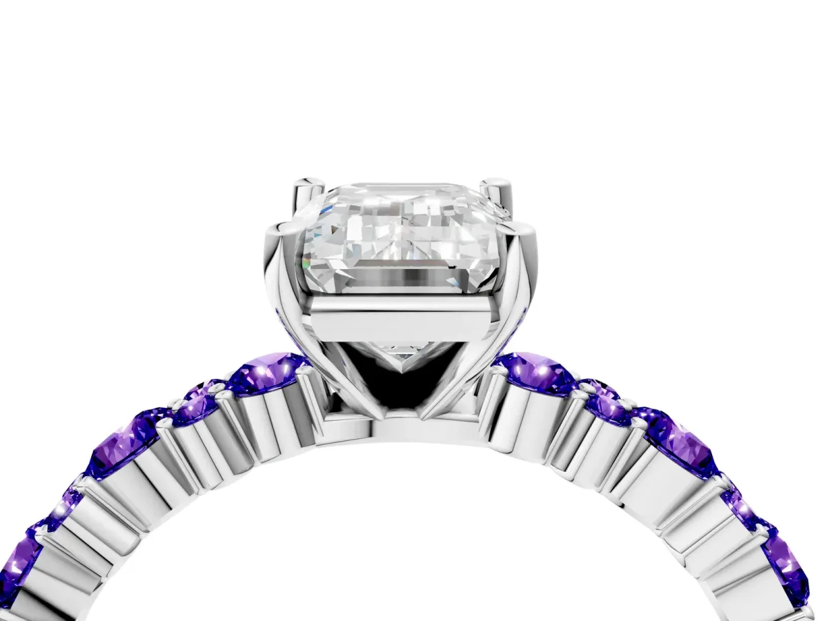 Emerald Cut Diamond Side Stone Solitaire Ring with Round Tanzanite and Four-Prong Setting Platinum