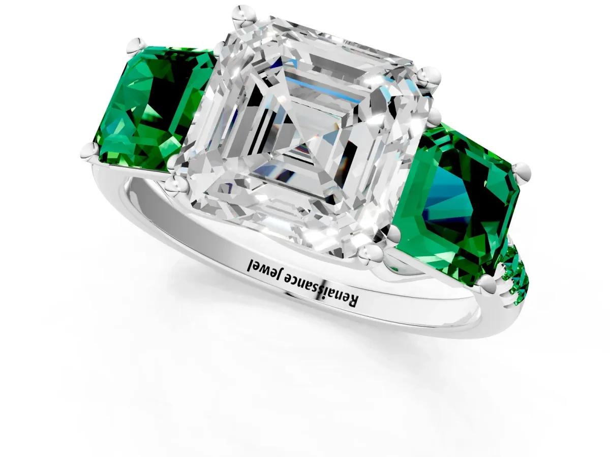 Three-Stone Asscher Cut Diamond Ring with Round Emerald Pavé Band and Prong Setting Platinum