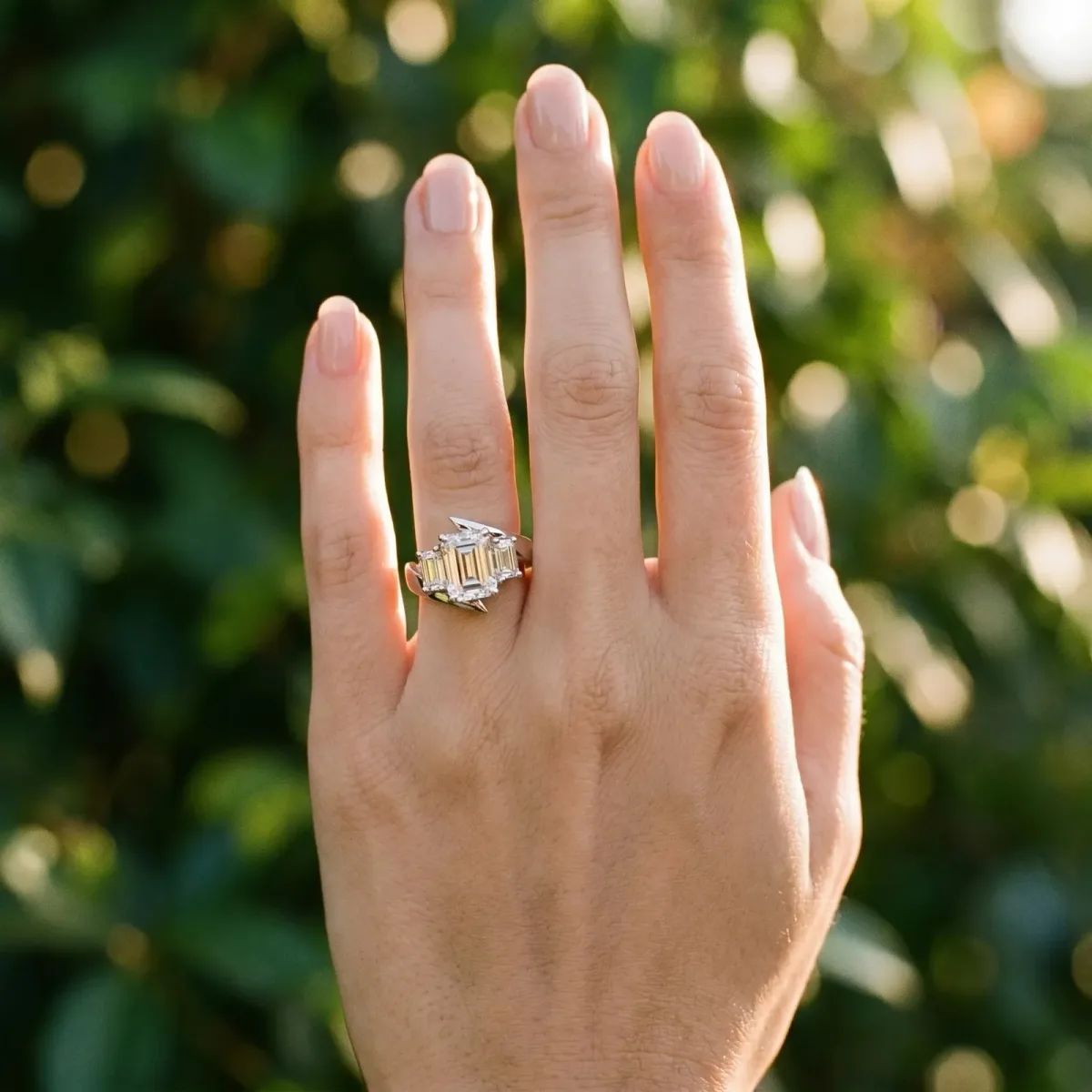 Three-Stone Emerald Cut Cut Tension Band Ring with Four-Prong Setting Platinum