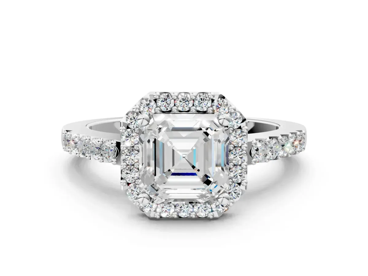 Asscher Cut Halo Diamond Pavé Solitaire Ring Silver