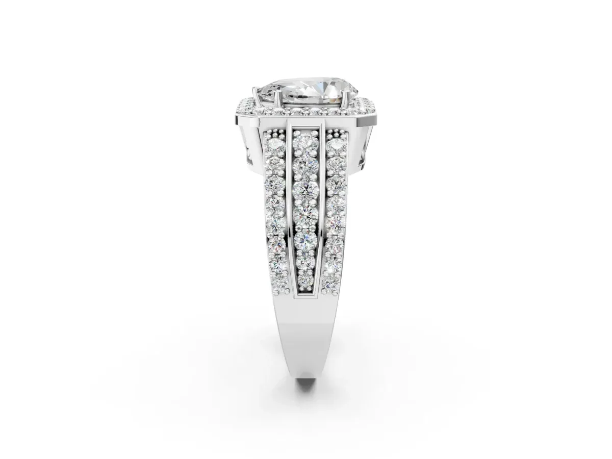 Pear Cut Halo Diamond Ring with Round Moissanite Split Shank and Prong Setting Silver