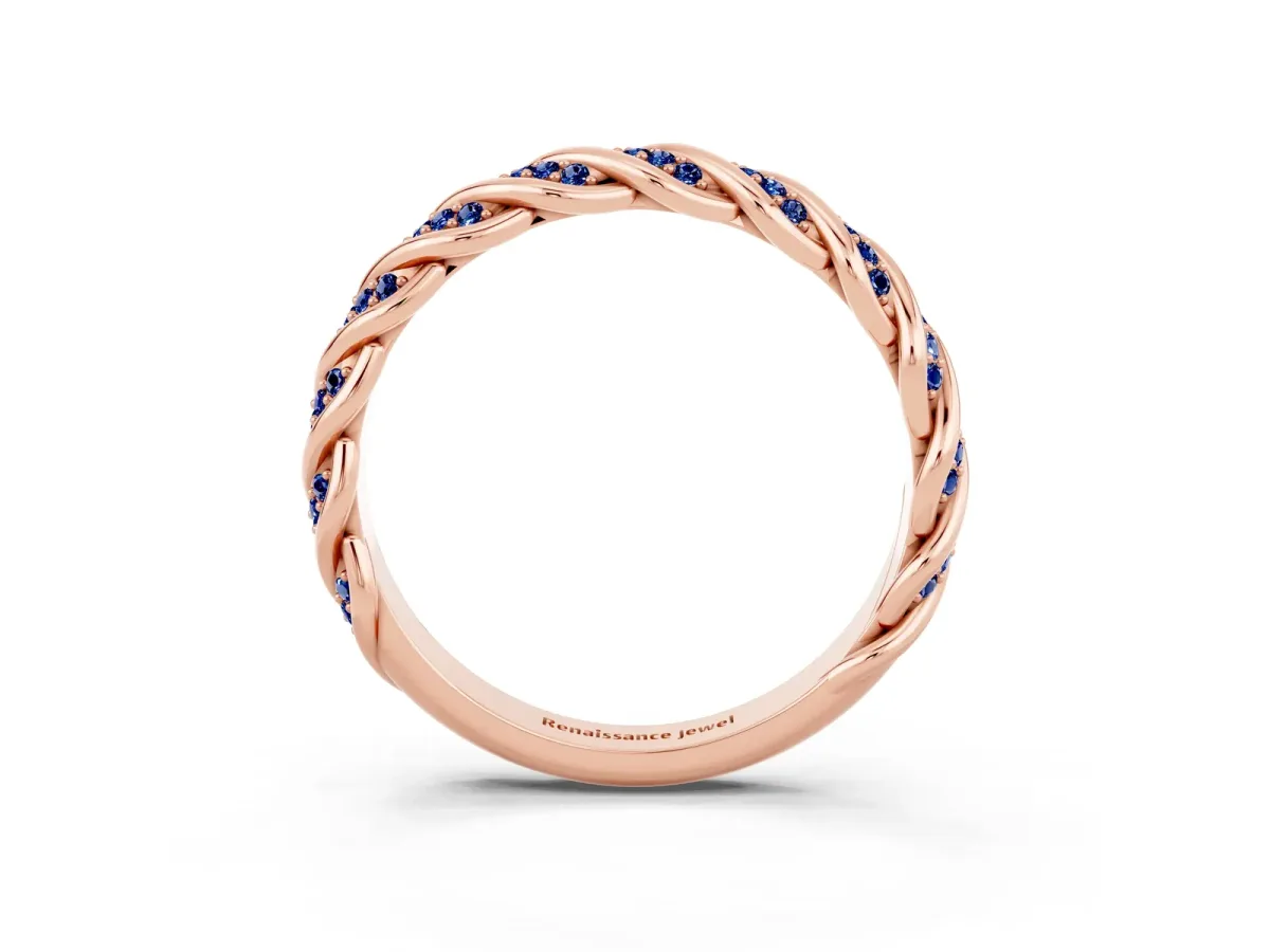 Twisted Pavé Round Blue Sapphire Eternity Band with Shared Prong Setting Rose gold