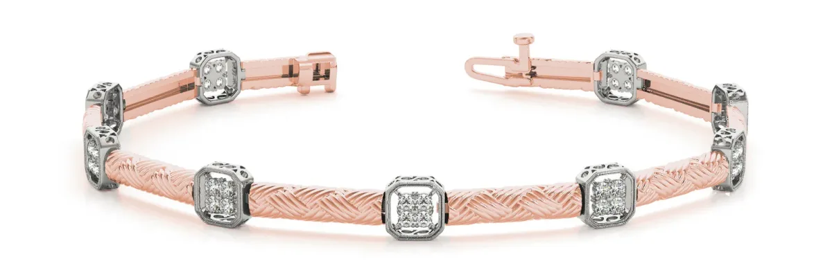 Pavé Square Diamond Cable Bracelet with Bezel Prong Setting Rose gold