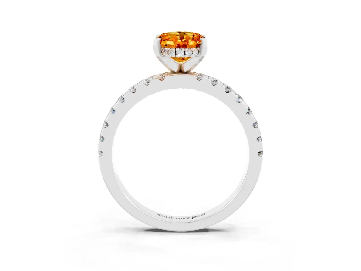 Oval Cut Citrine Solitaire Ring with Round Pavé Band and Four-Prong Setting Silver