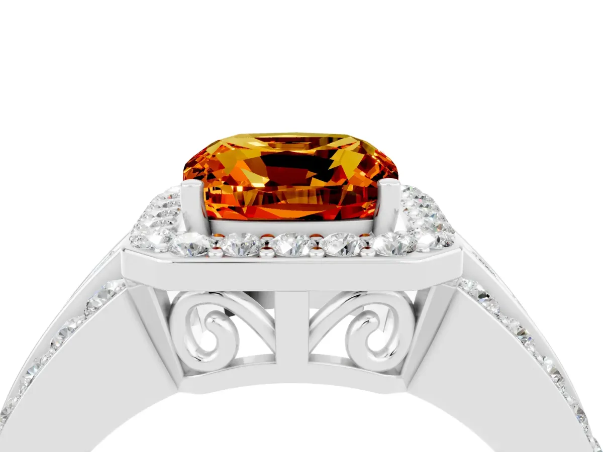 Cushion Cut Halo Citrine Ring with Round Split Shank and Prong Setting Platinum