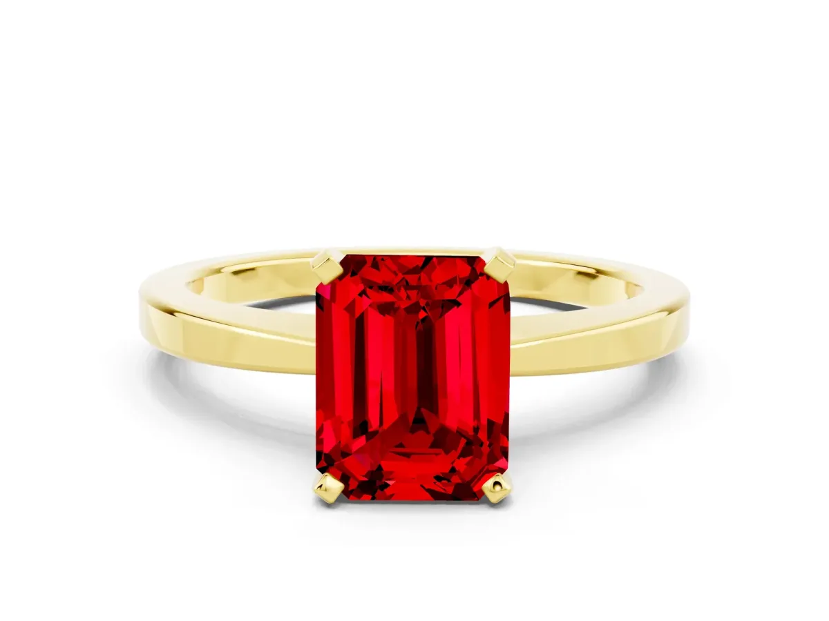 Emerald Cut Ruby Solitaire Engagement Ring with Classic Band and Four-Prong Setting Yellow gold