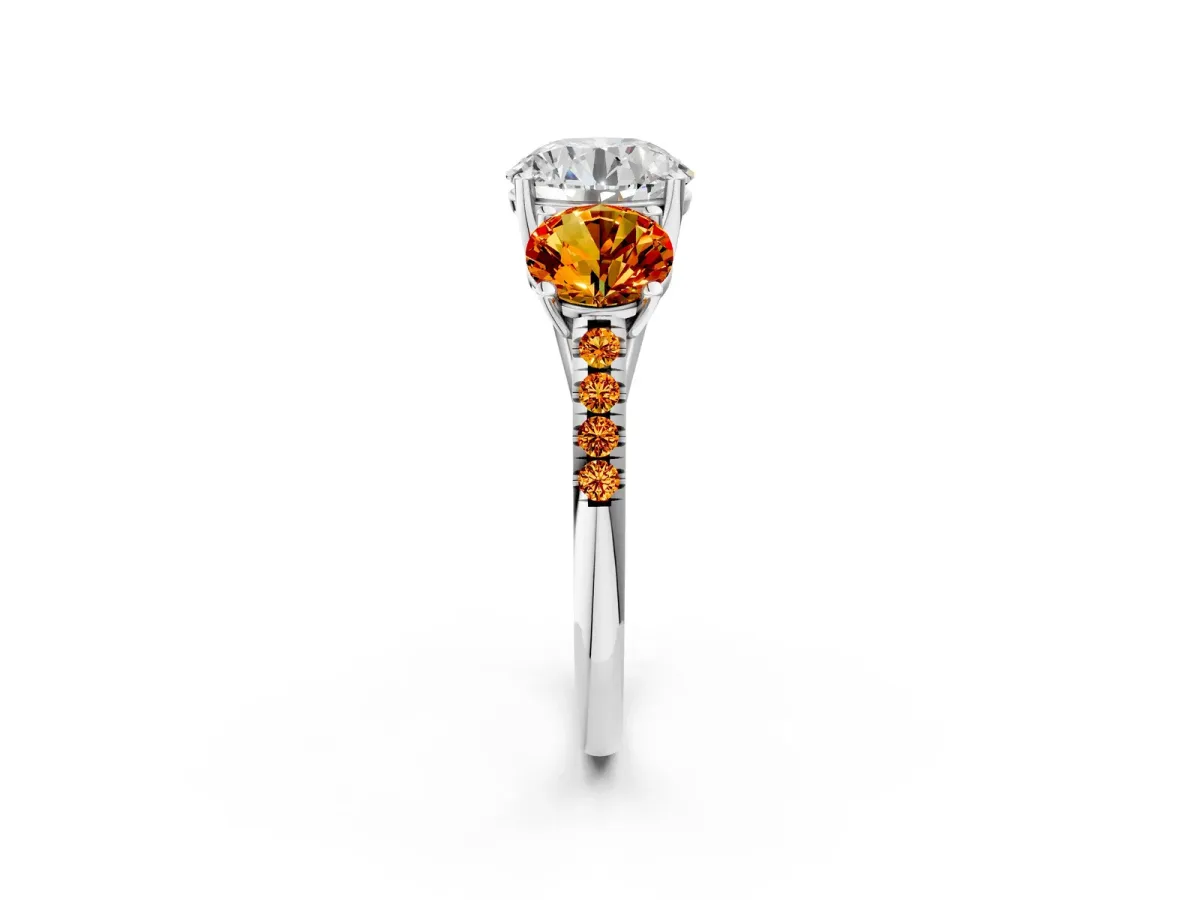 Three-Stone Round Cut Diamond Ring with Round Citrine Pavé Band and Prong Setting Silver
