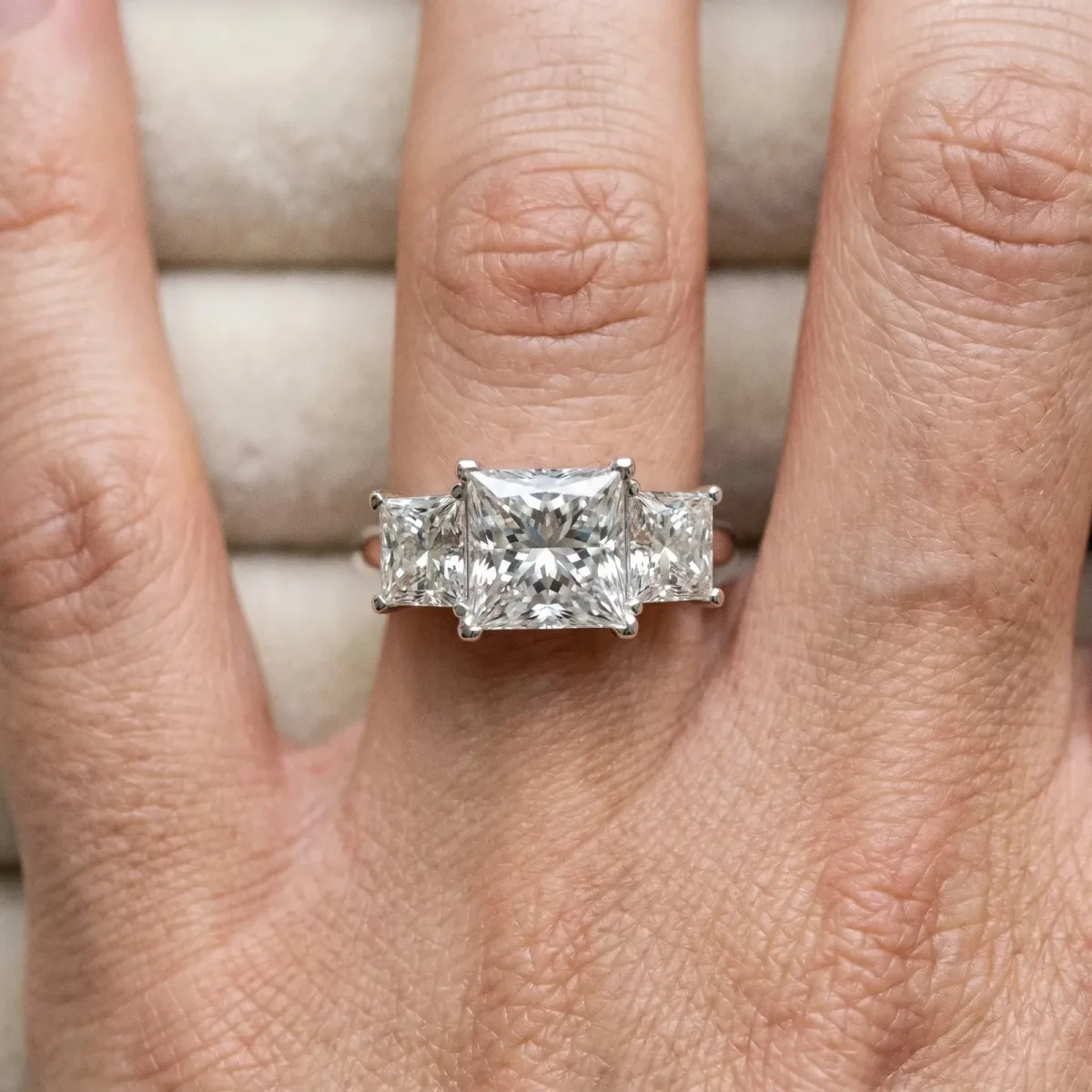 Three-Stone Princess Cut Diamond Engagement Ring with Prong Setting White gold