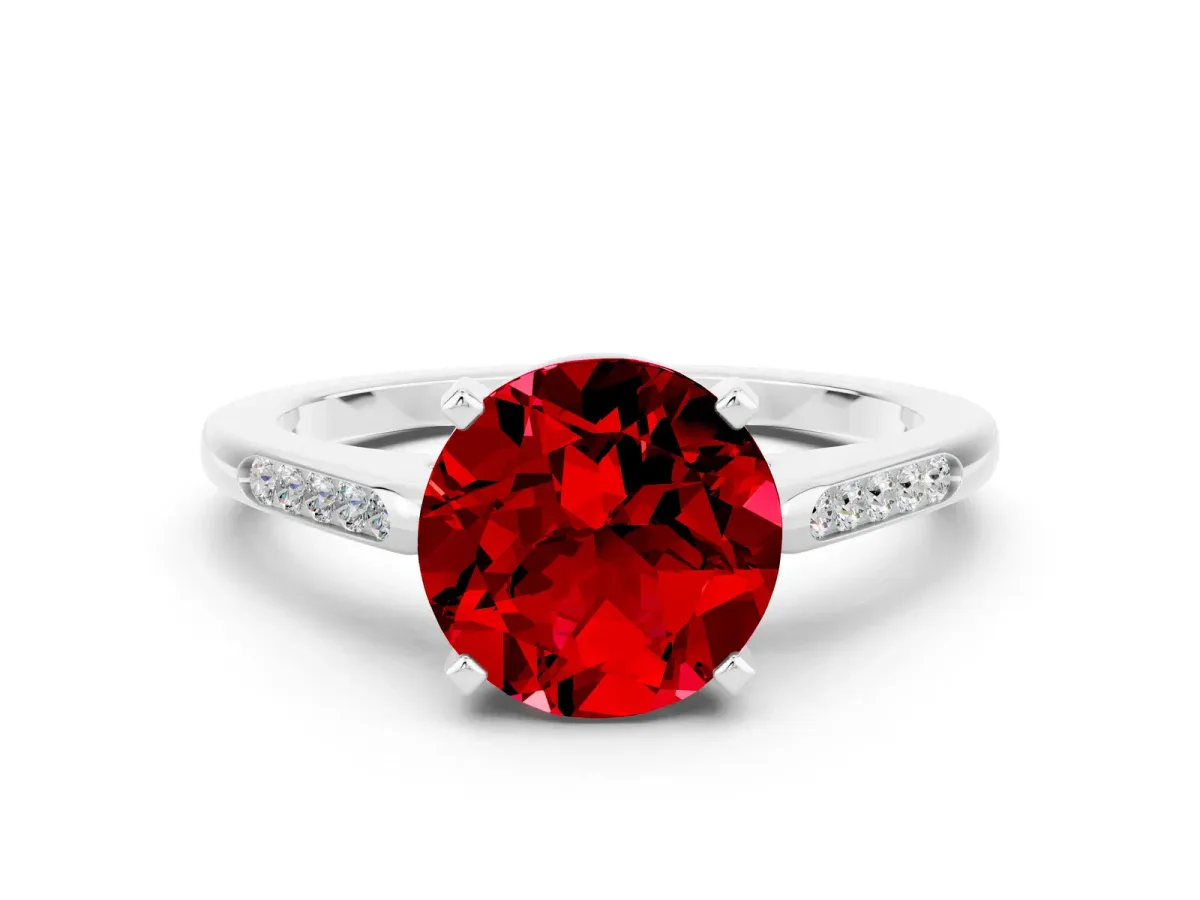 Round Cut Ruby Solitaire Ring with Channel Set Round Band and Prong Setting Silver