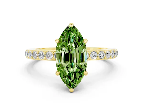 Marquise Cut Peridot Solitaire Engagement Ring with Pavé Band and Four-Prong Setting Yellow gold