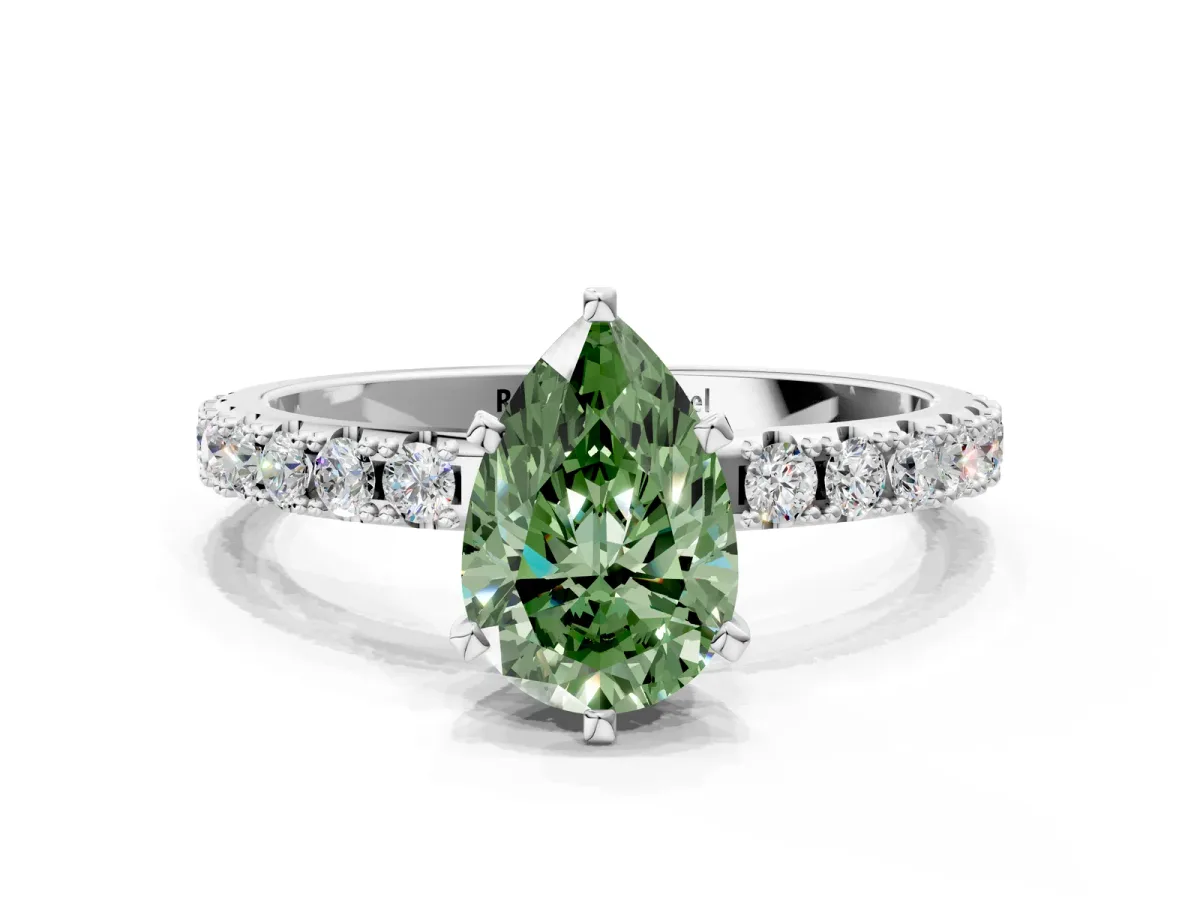 Fancy Green Pear Cut Diamond Solitaire Pavé Band with Four-Prong Setting Platinum