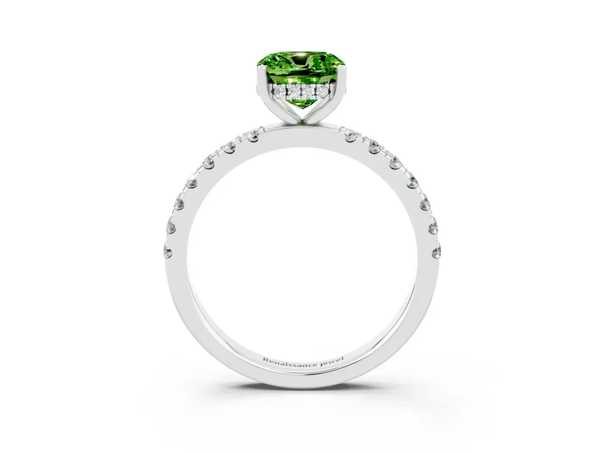 Cushion Cut Peridot Pave Band Solitaire Ring with Round and Prong Setting Platinum