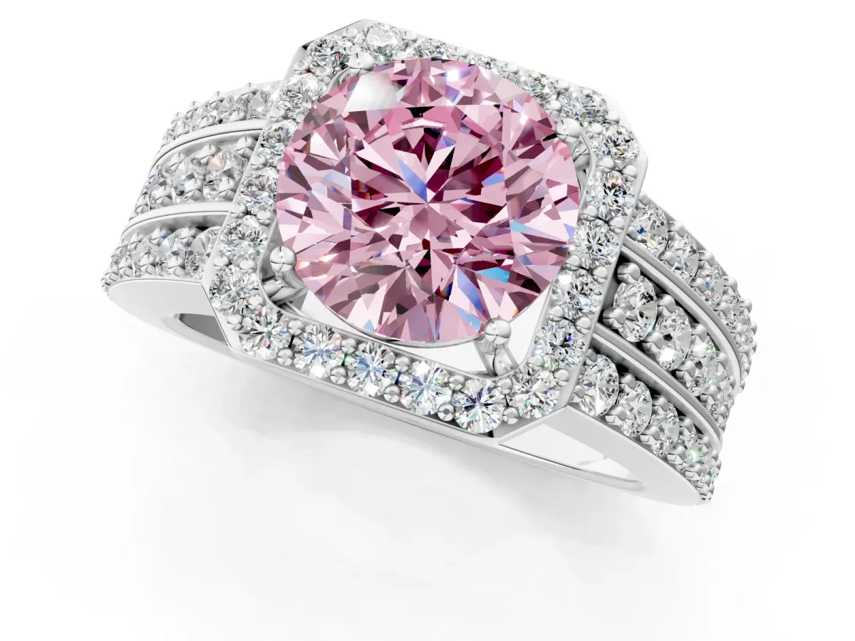 Fancy Pink Round Cut Halo Diamond Ring with Round Split Shank and Prong Setting Silver