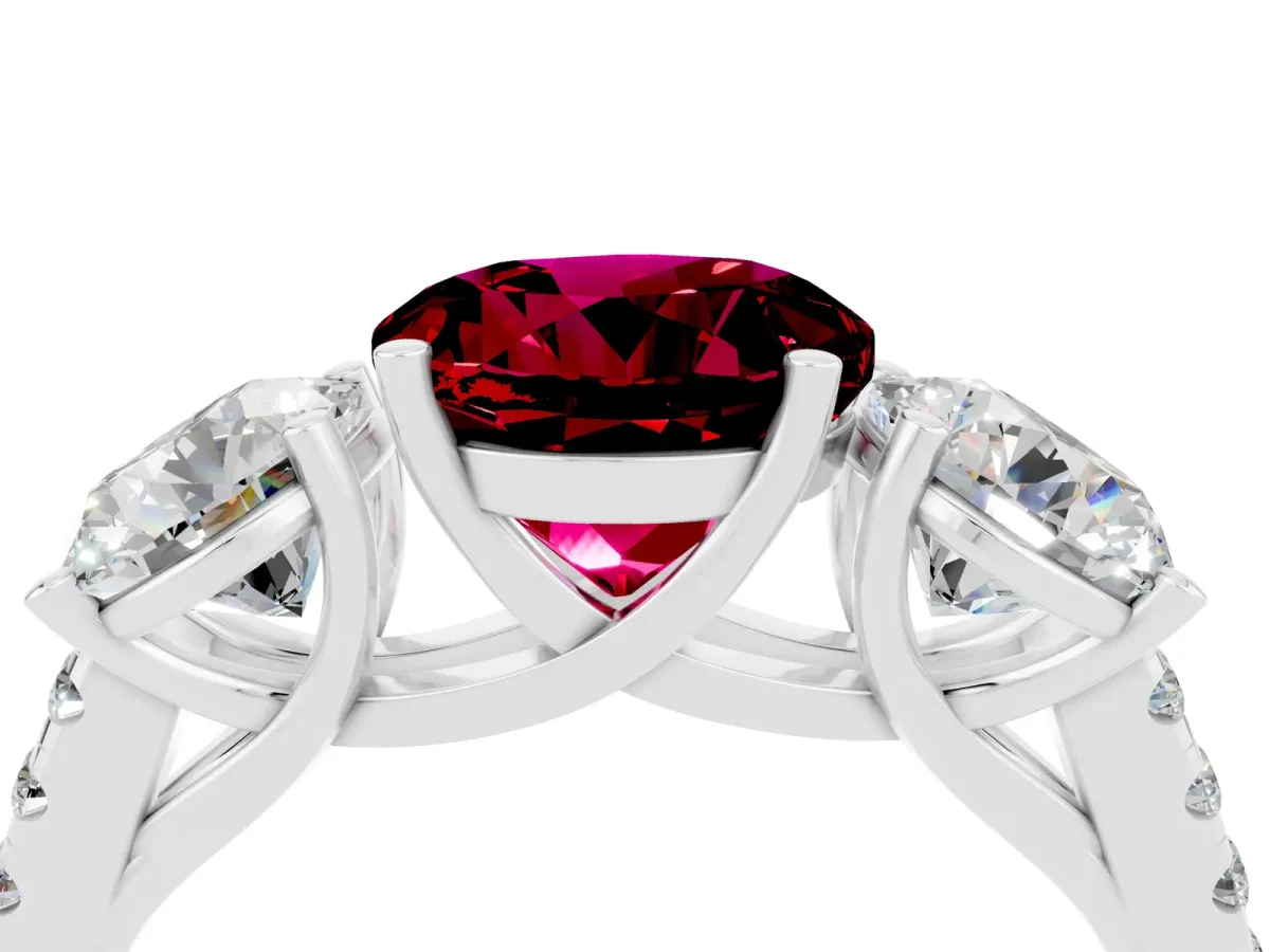 Three-Stone Round Cut Garnet Ring with Round Pavé Band and Prong Setting Silver
