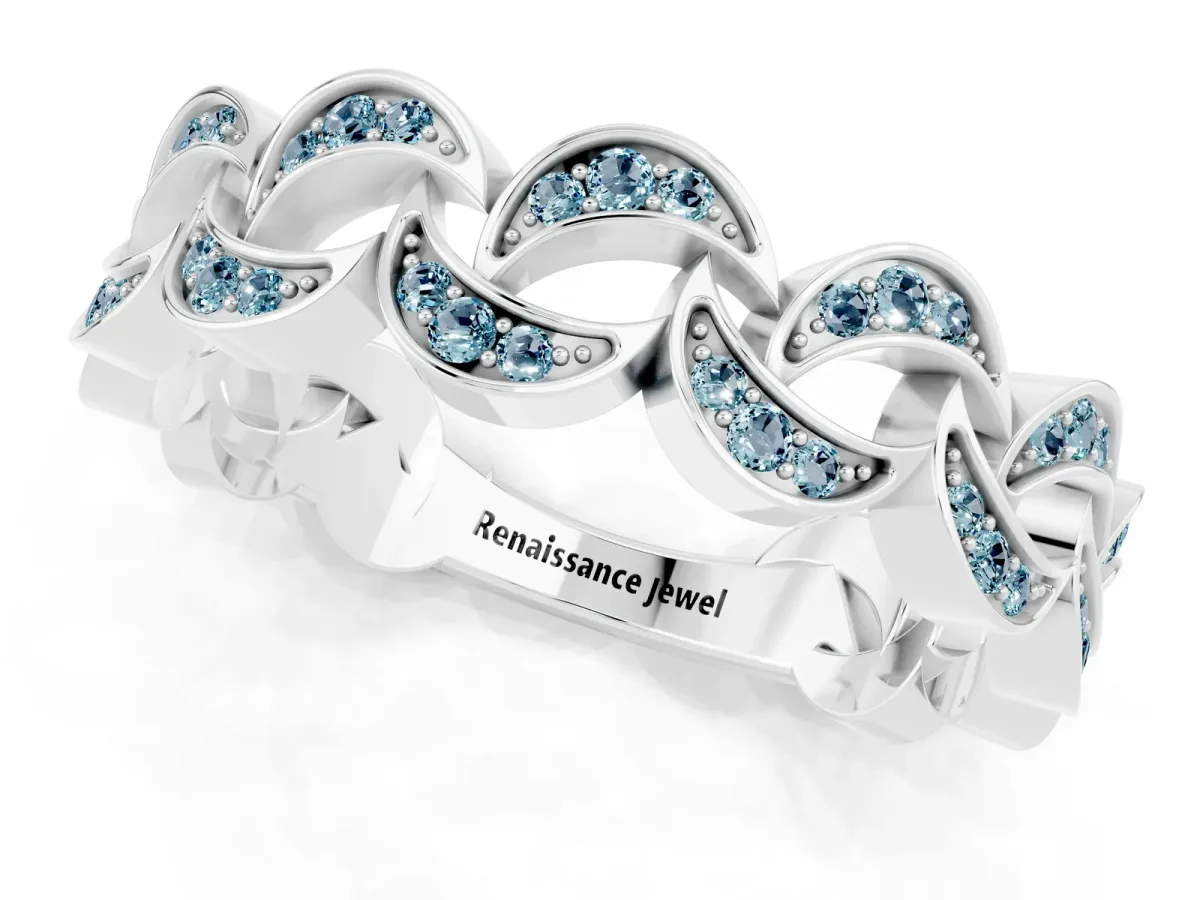 Pavé Round Aquamarine Interlocking Eternity Band with Bezel Prong Setting Silver