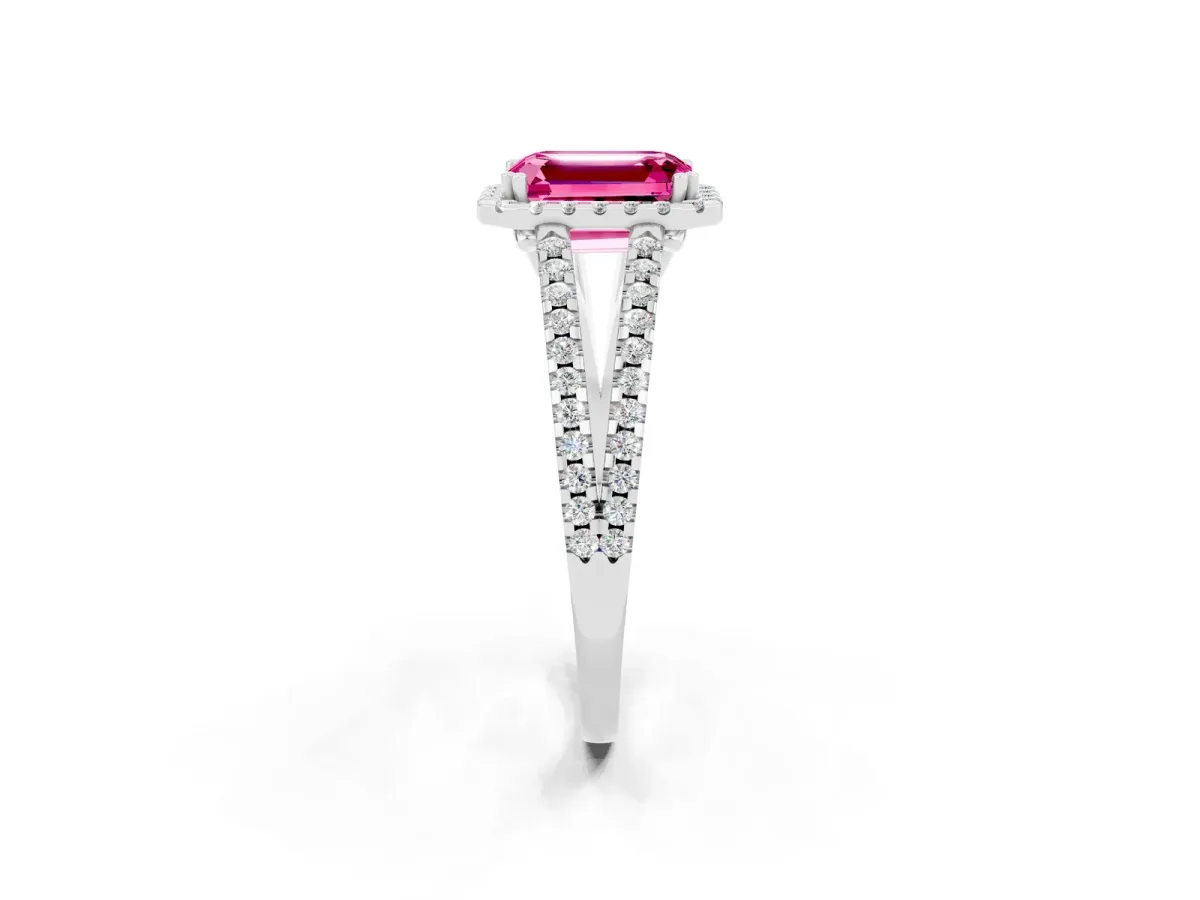 Emerald Cut Pink Sapphire Halo Split Shank Engagement Ring Platinum