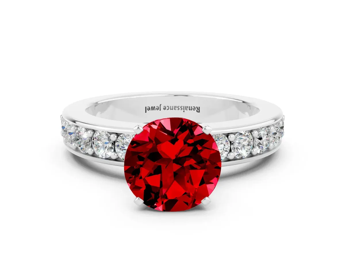 Round Cut Ruby Engagement Ring with Channel Set Round Band and Prong Setting White gold