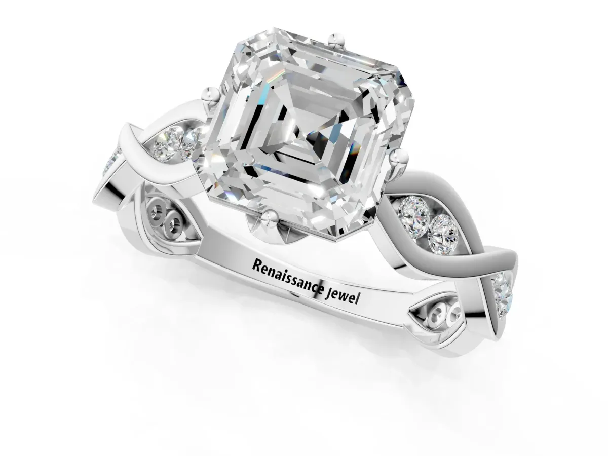 Asscher Cut Solitaire Twist Band with Leaf Prong Setting Platinum