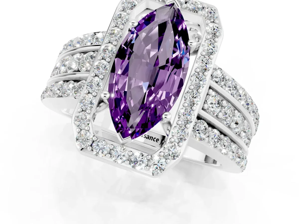 Marquise Cut Halo Amethyst Ring with Round Split Shank and Prong Setting Silver