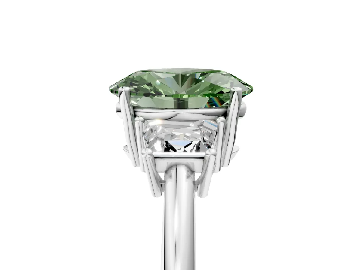 Fancy Green Oval Cut Diamond Three-Stone Ring with Trapezoid Side Stones and Prong Setting Platinum