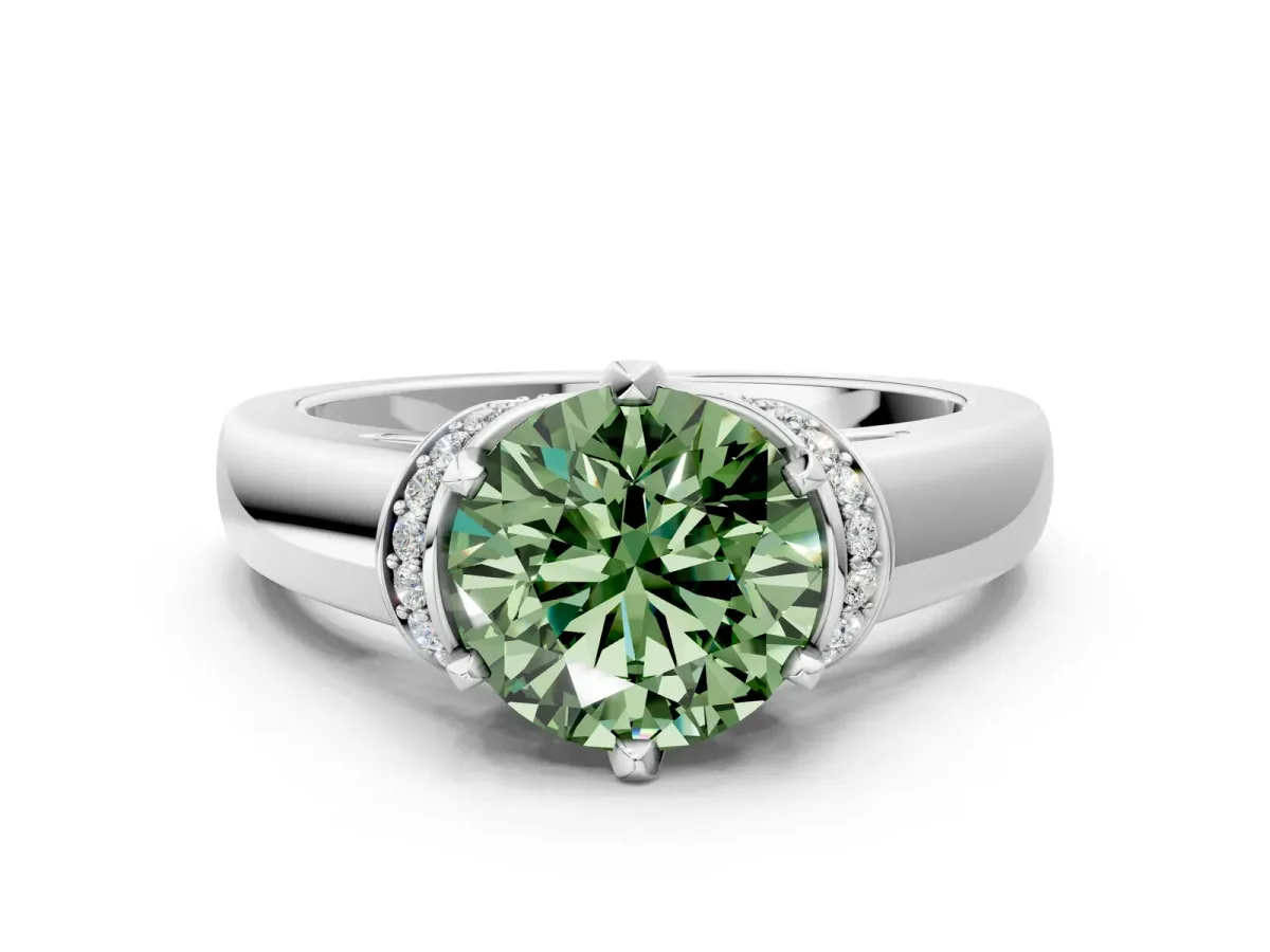 Fancy Green Round Cut Solitaire Diamond Ring with Pave Band and Six-Prong Setting Silver