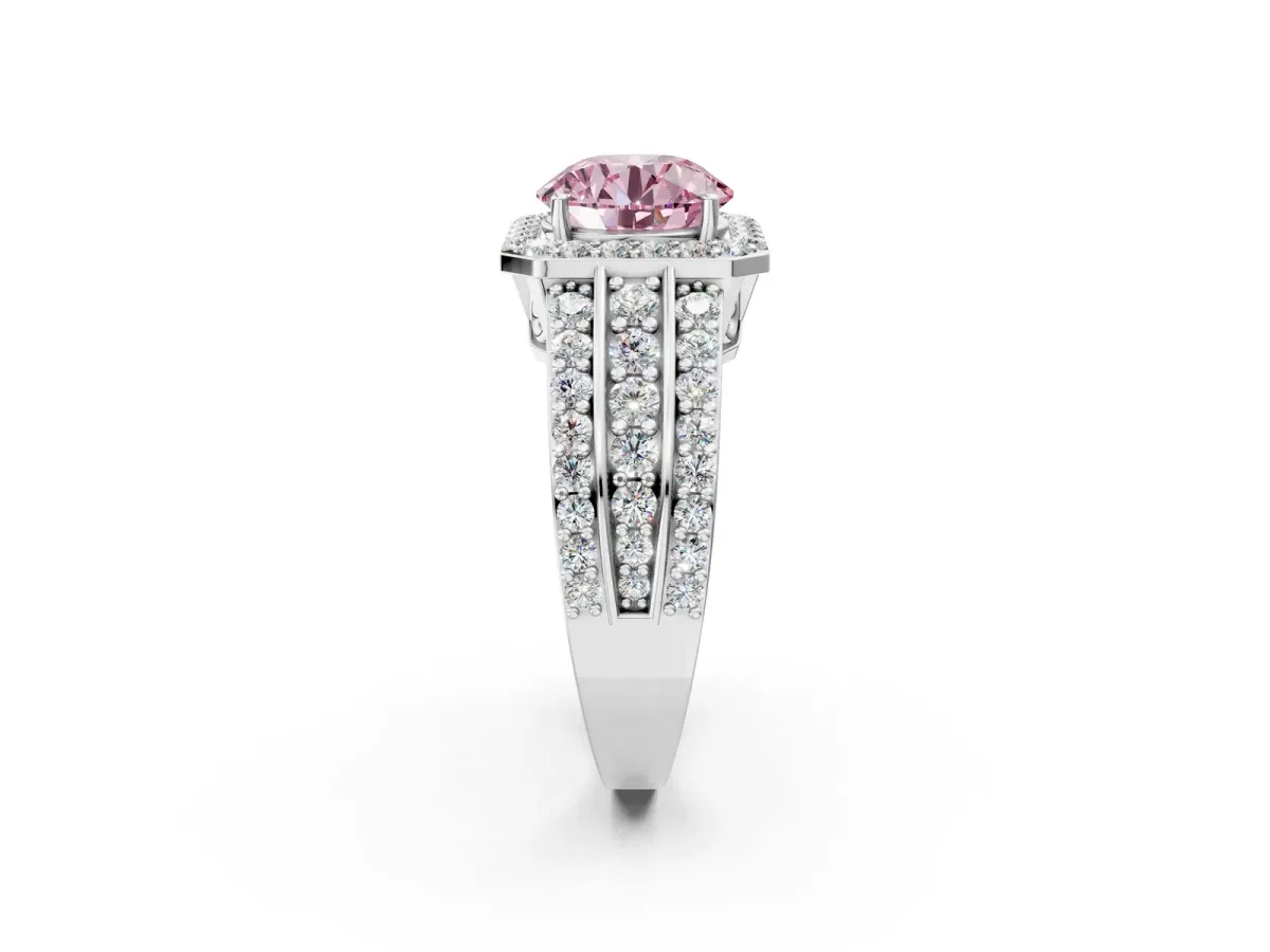 Fancy Pink Round Cut Halo Diamond Ring with Round Split Shank and Prong Setting Silver
