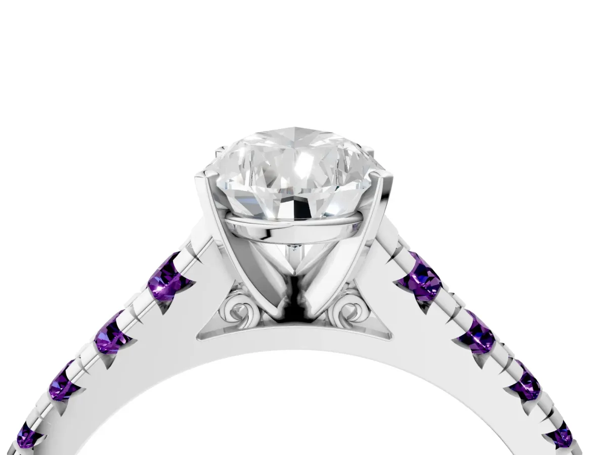 Pear Cut Diamond Cathedral Solitaire Ring with Round Amethyst Pavé Band Platinum