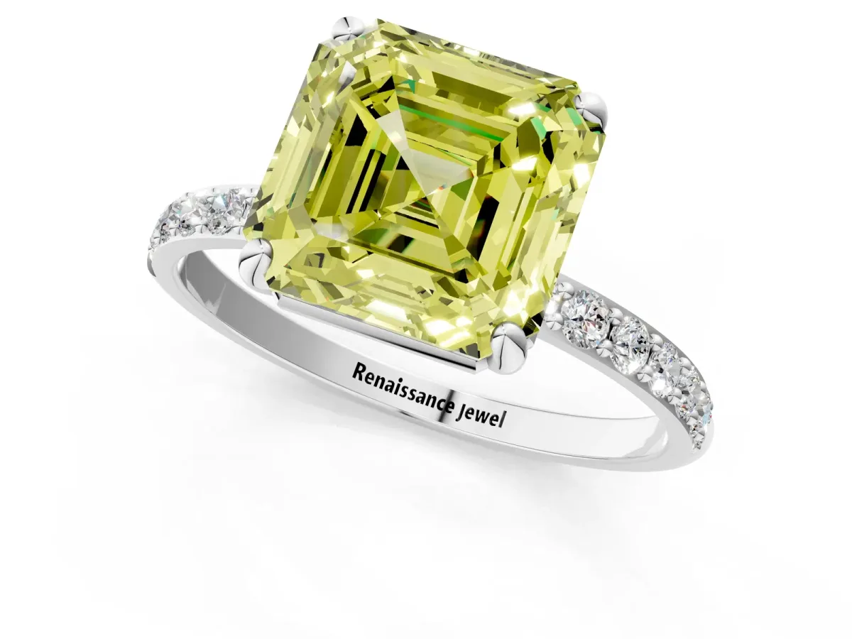 Fancy Yellow Asscher Cut Diamond Solitaire Ring with Round Pavé Band and Prong Setting Silver