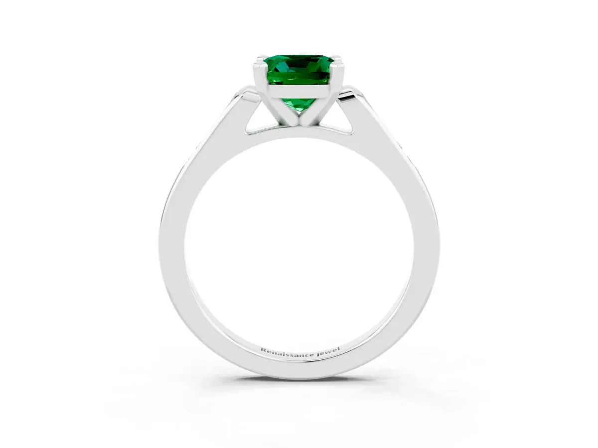 Cushion Cut Emerald Solitaire Ring with Channel Set Round Band and Prong Setting Silver