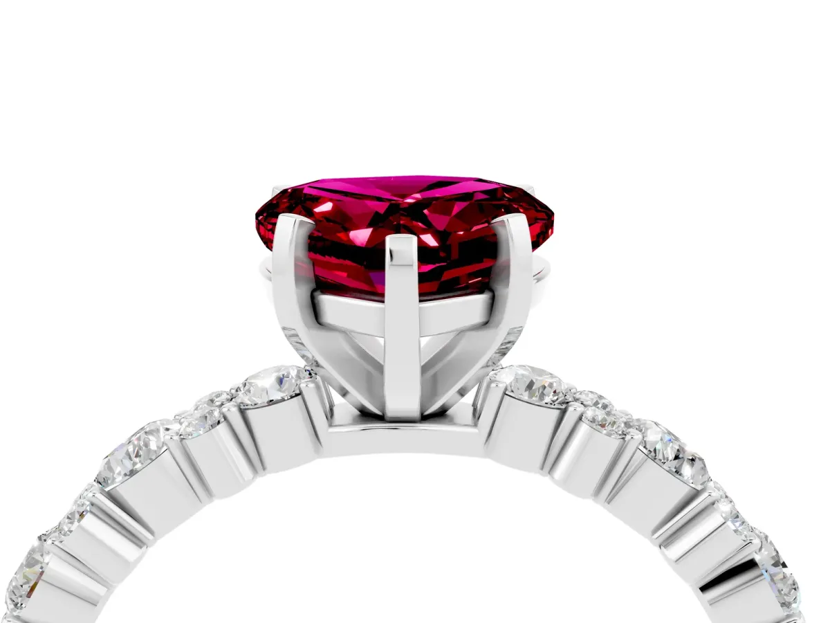 Heart Cut Garnet Side Stone Solitaire Ring with Round and Four-Prong Setting Platinum