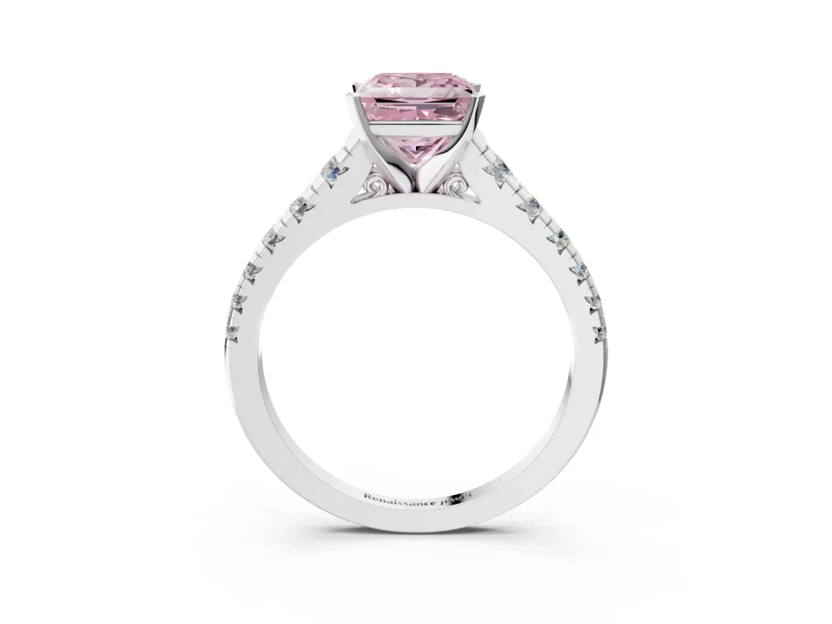 Fancy Pink Princess Cut Diamond Cathedral Solitaire Ring with Round Pavé Band Silver