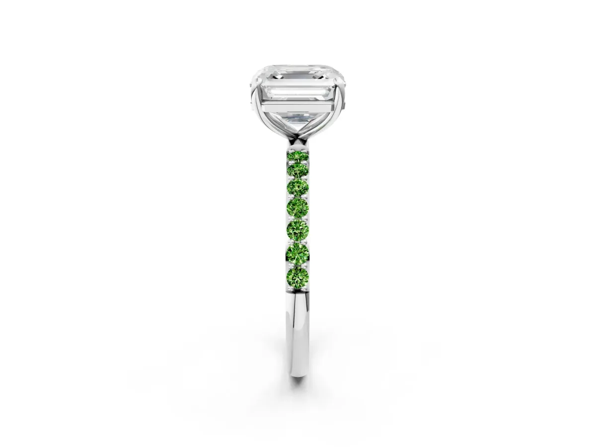 Asscher Cut Diamond Solitaire Ring with Round Peridot Pavé Band and Prong Setting Silver