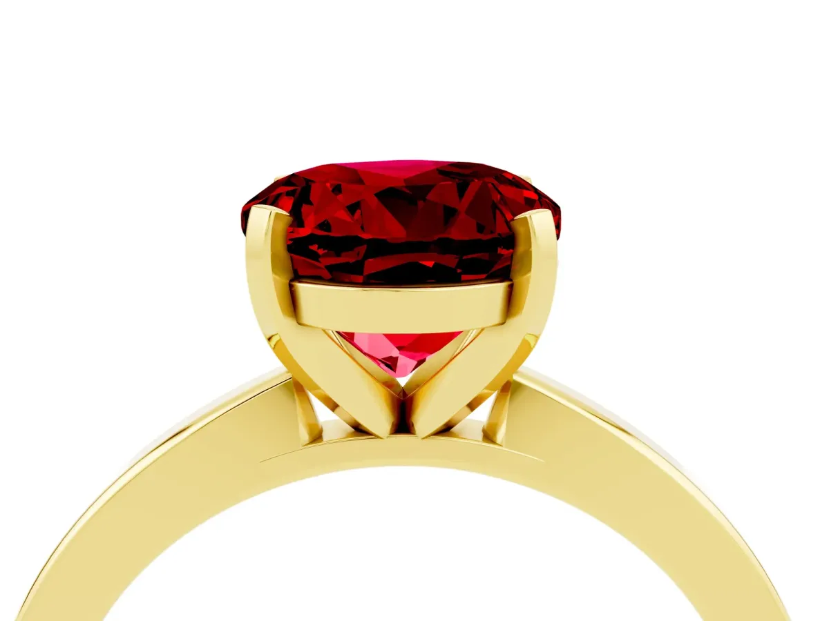 Round Cut Ruby Solitaire Engagement Ring with Classic Band and Four-Prong Setting Yellow gold