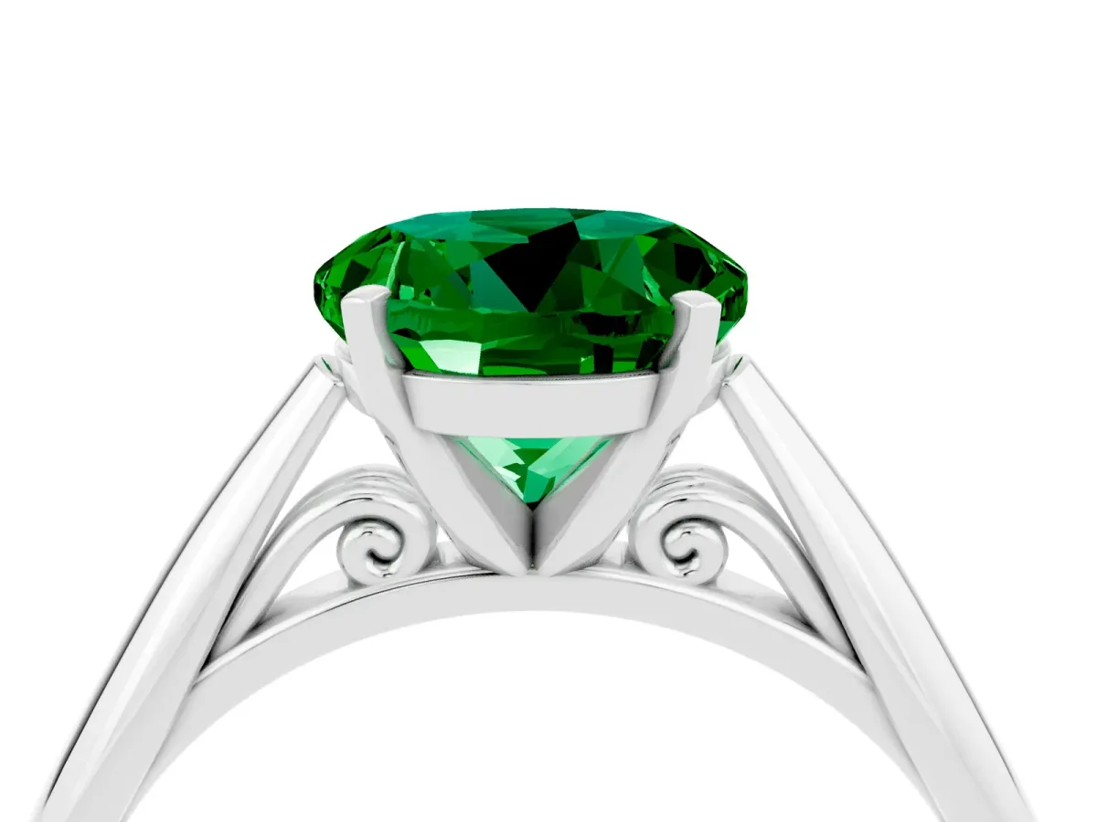 Round Cut Emerald Solitaire Engagement Ring with Cathedral Setting and Four-Prong Mount White gold